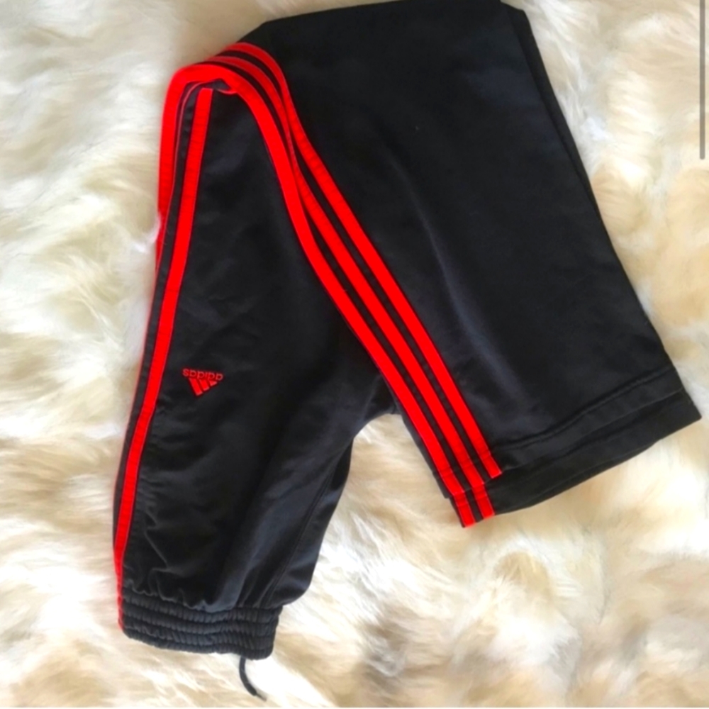 Adidas track pants red with black stripe